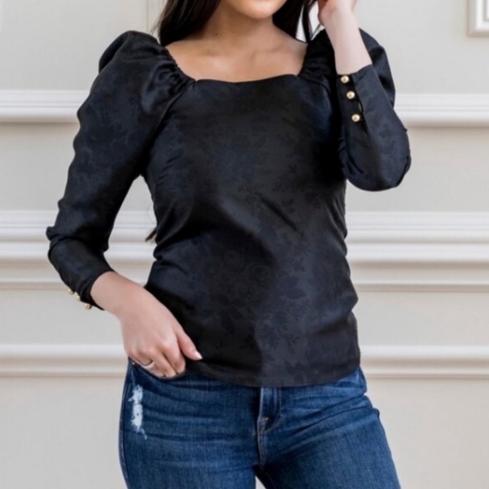 RACHEL parcell black puffer sleeve blouse floral size Medium